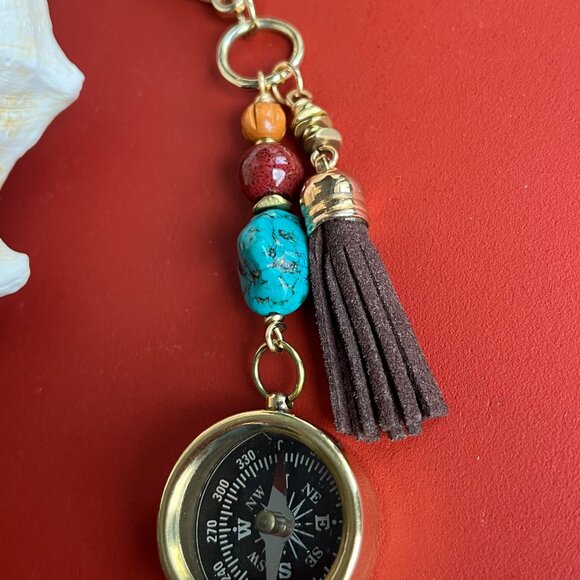 Handmade Jewelry - Bag Charm with Working Compass, Beads, Tassel, Purse Charm